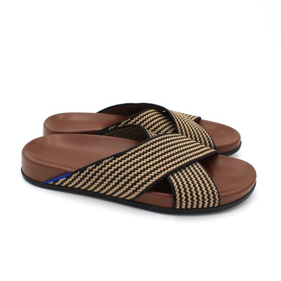 Rothys The Weekend Sandal Womens 10 Tan Black Knit Slip On Slides Comfort Shoe - Picture 1 of 6